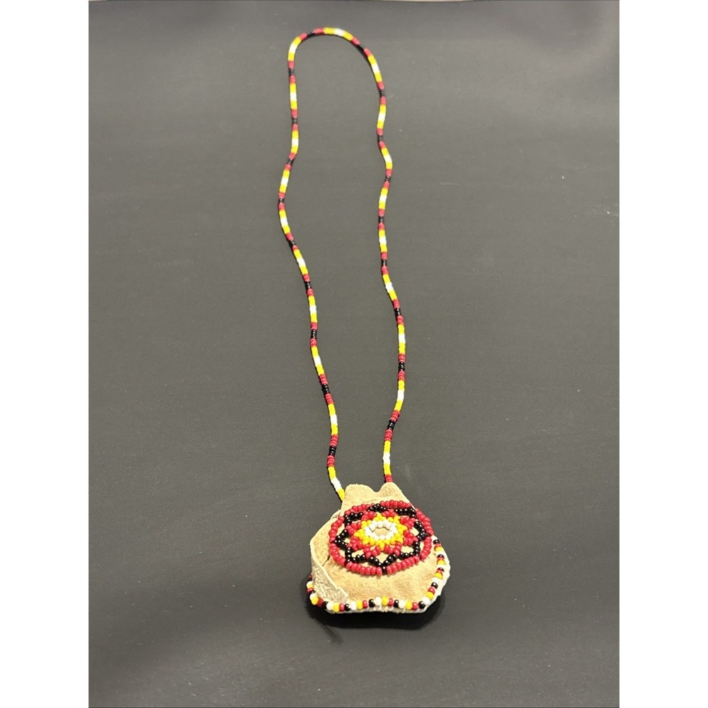 Handmade Leather Beaded Medicine Pouch Necklace Seed Bead Native  American Style